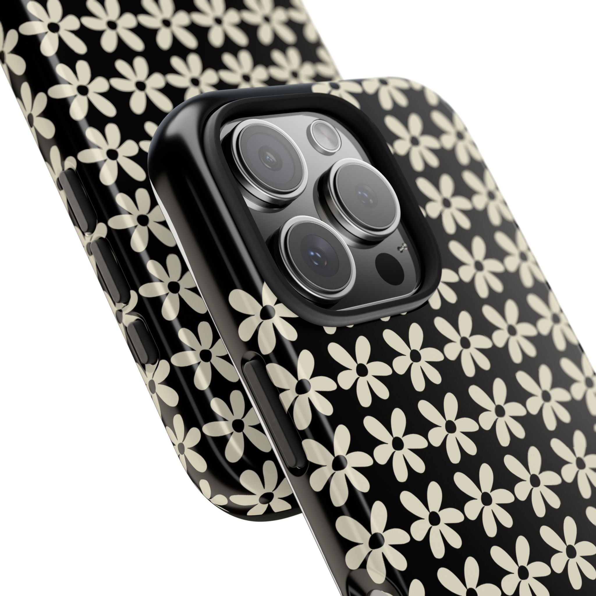 Tough Floral Phone Case – Glossy Black & Cream Pattern | Apple + Samsung