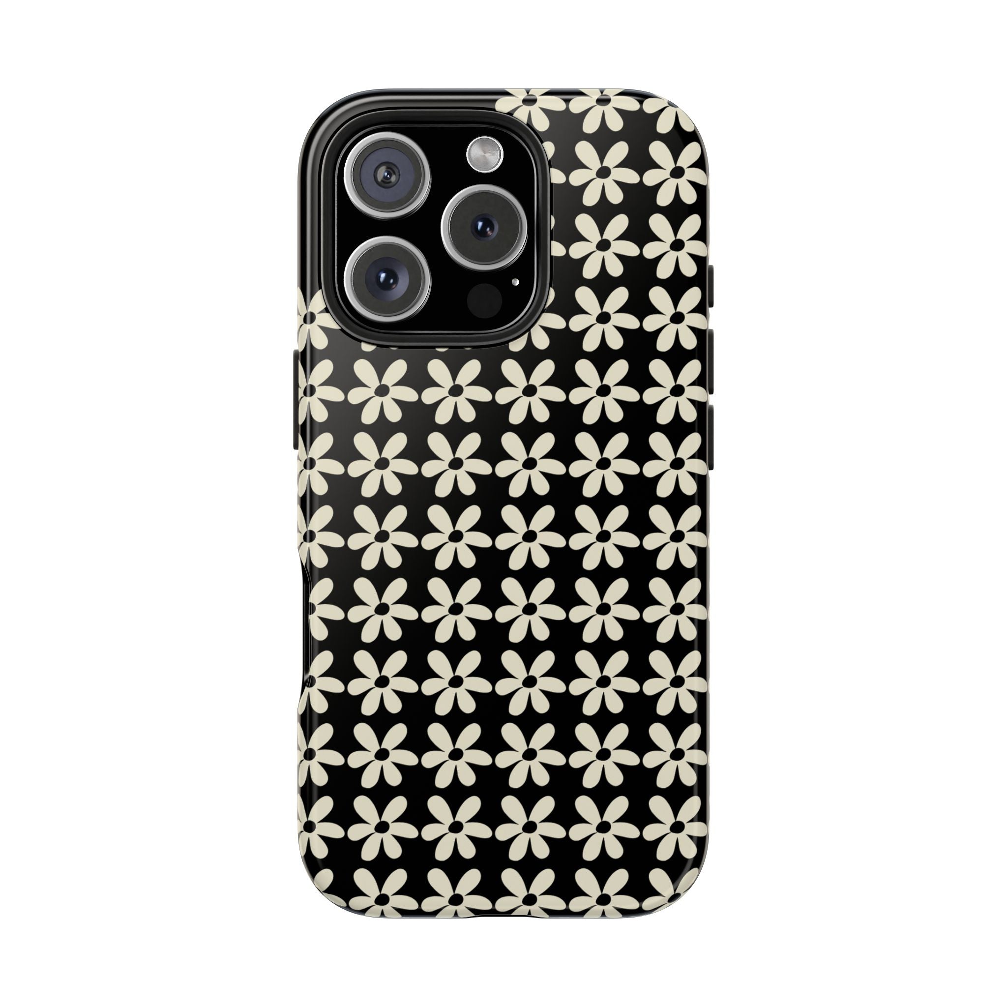 Tough Floral Phone Case – Glossy Black & Cream Pattern | Apple + Samsung