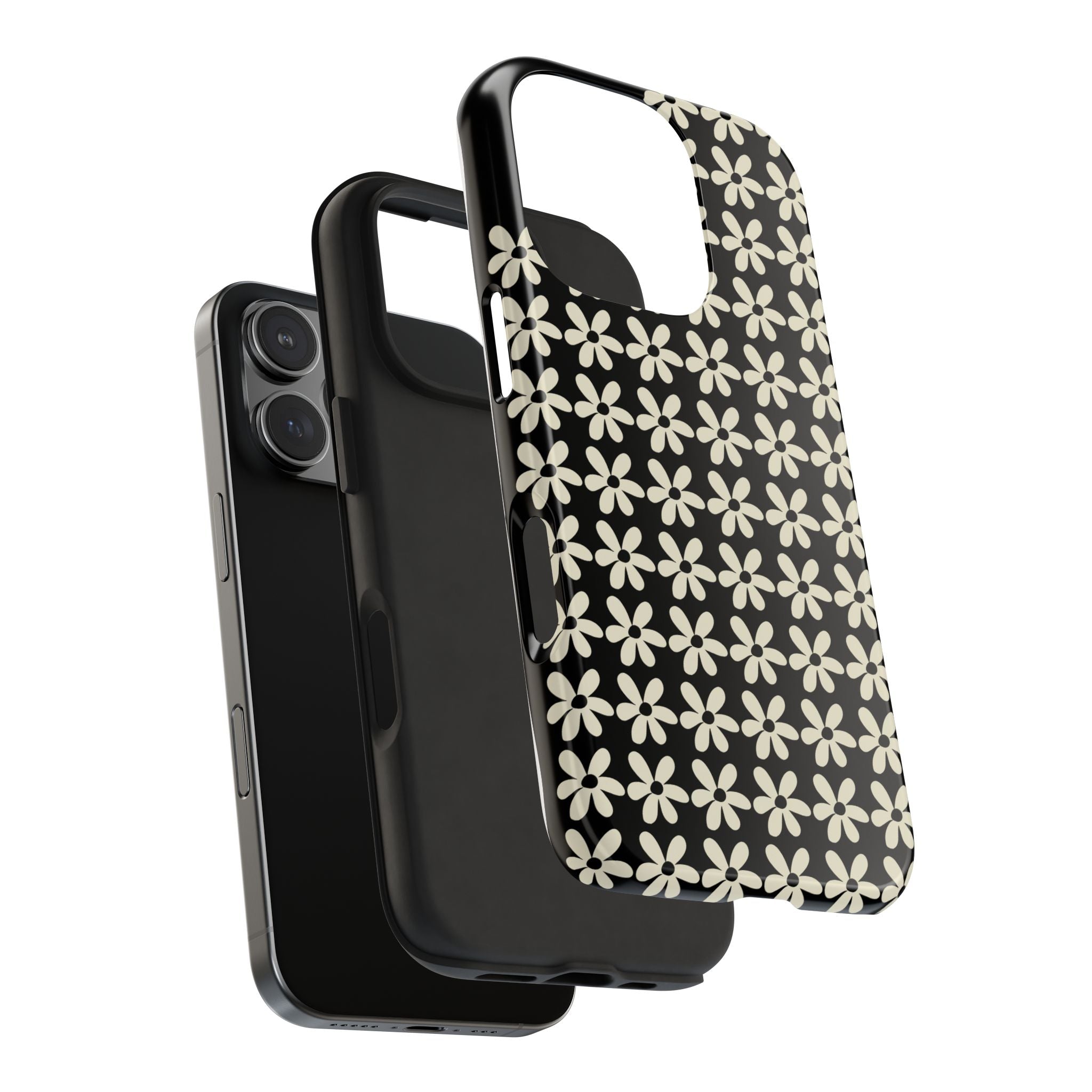 Tough Floral Phone Case – Glossy Black & Cream Pattern | Apple + Samsung