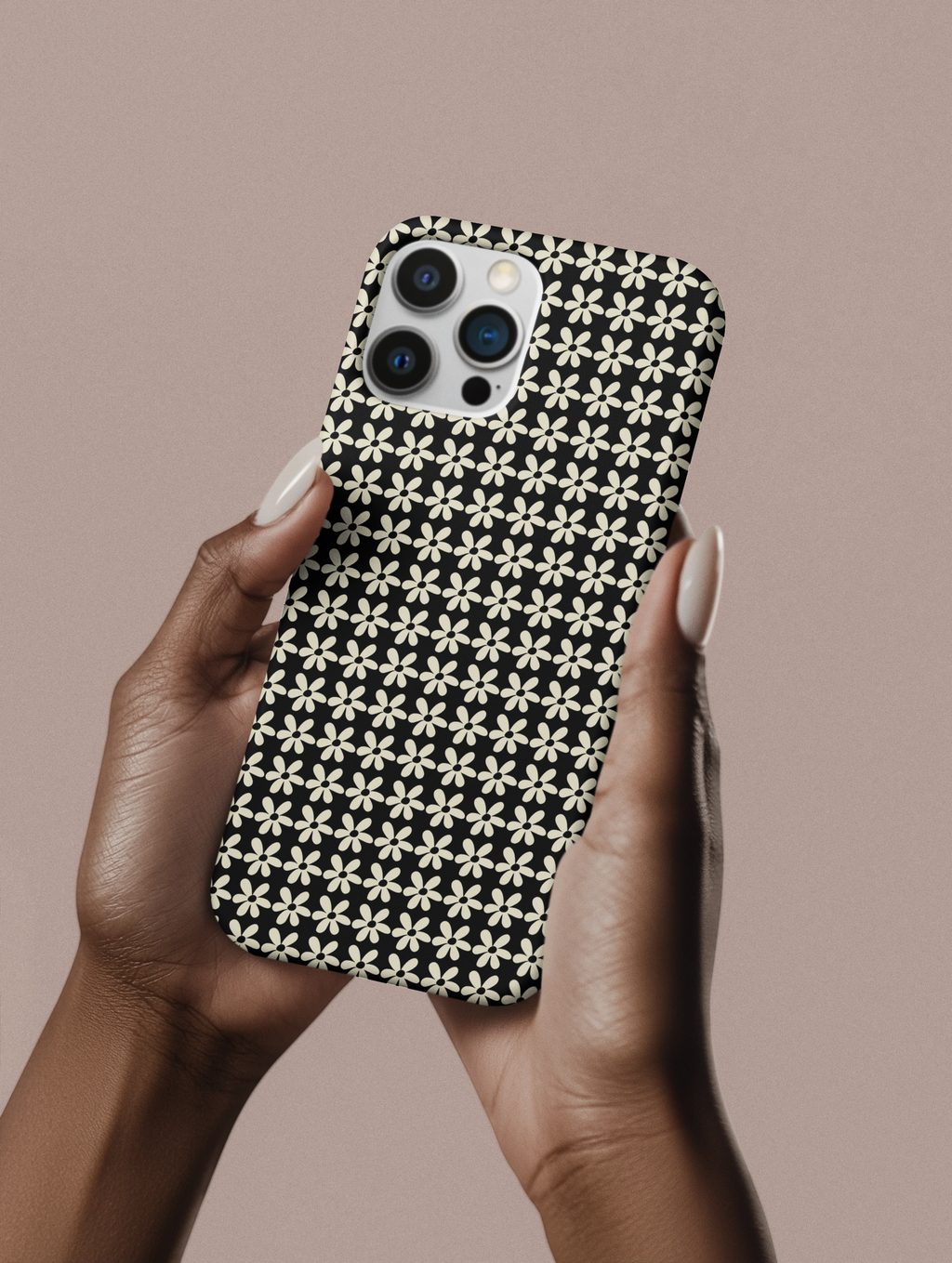 Tough Floral Phone Case – Glossy Black & Cream Pattern | Apple + Samsung