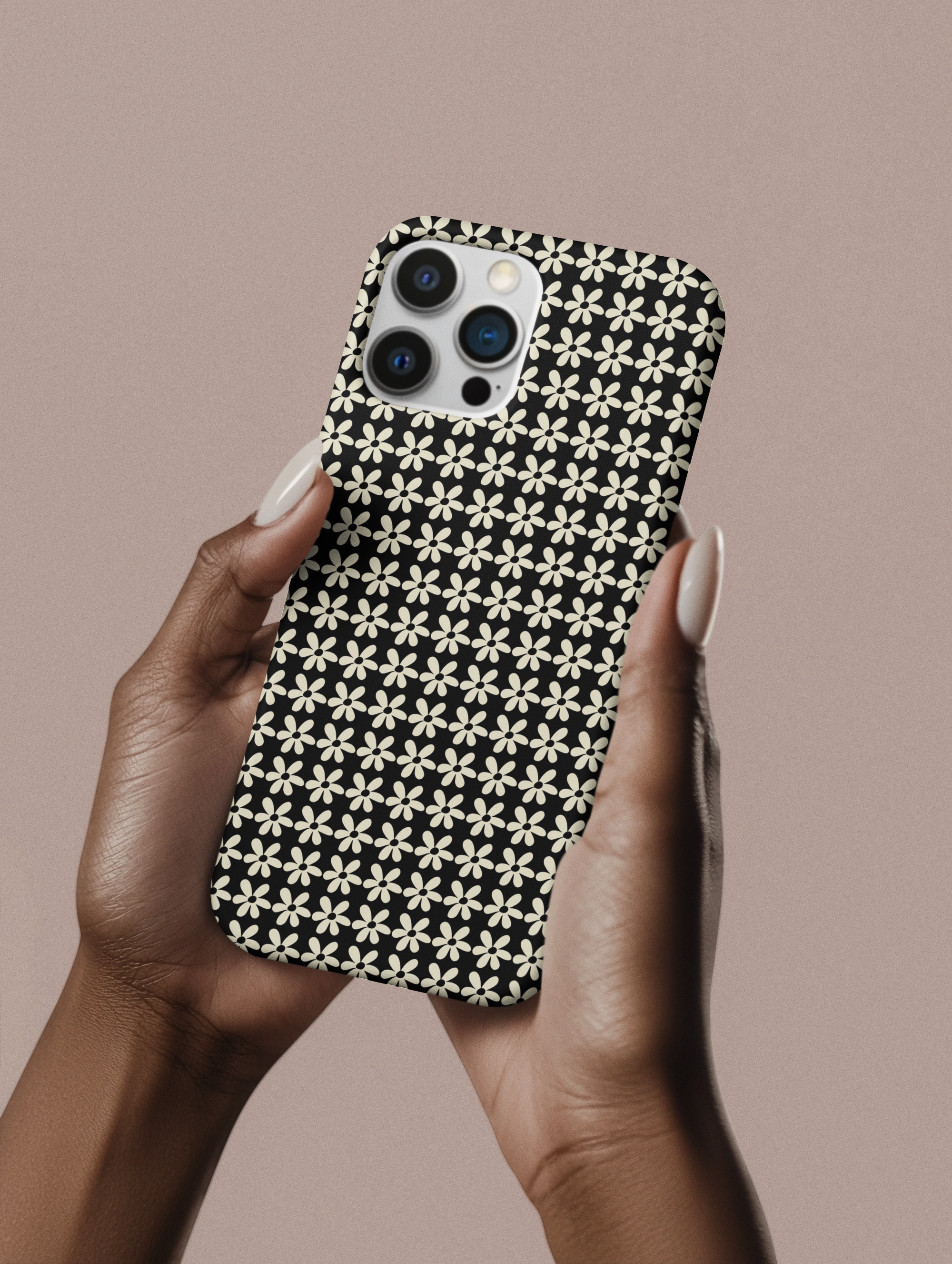 Tough Floral Phone Case – Glossy Black & Cream Pattern | Apple + Samsung